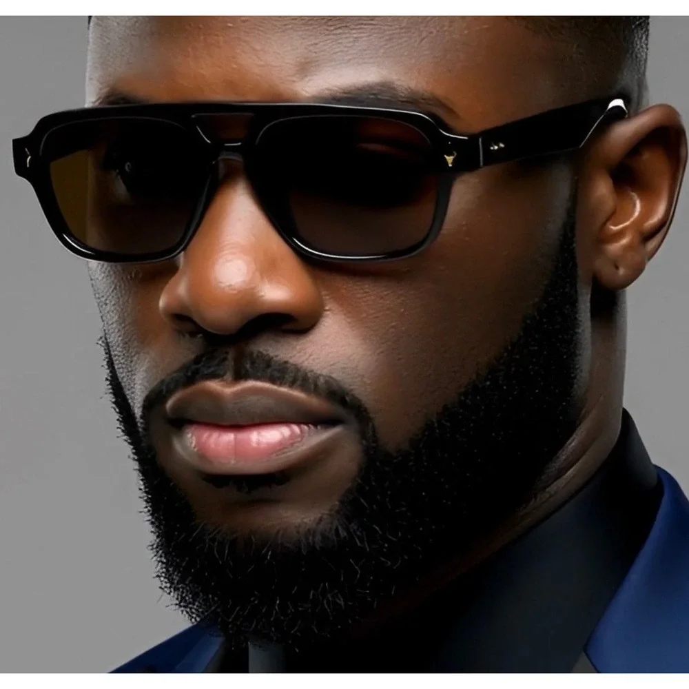 Mens‎ Black Aviator Sunglasses Brown Tinted Lenses Double Bridge Designer Style